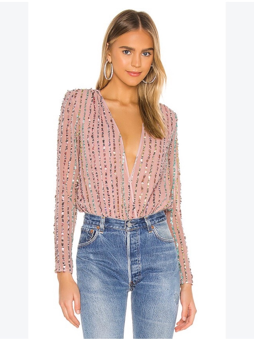 NBD Blush Pink Sequin Surplice Long-Sleeve Top
